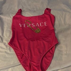 Versace Fuchsia Logo One-Piece Swimsuit with Gold Medusa Pin